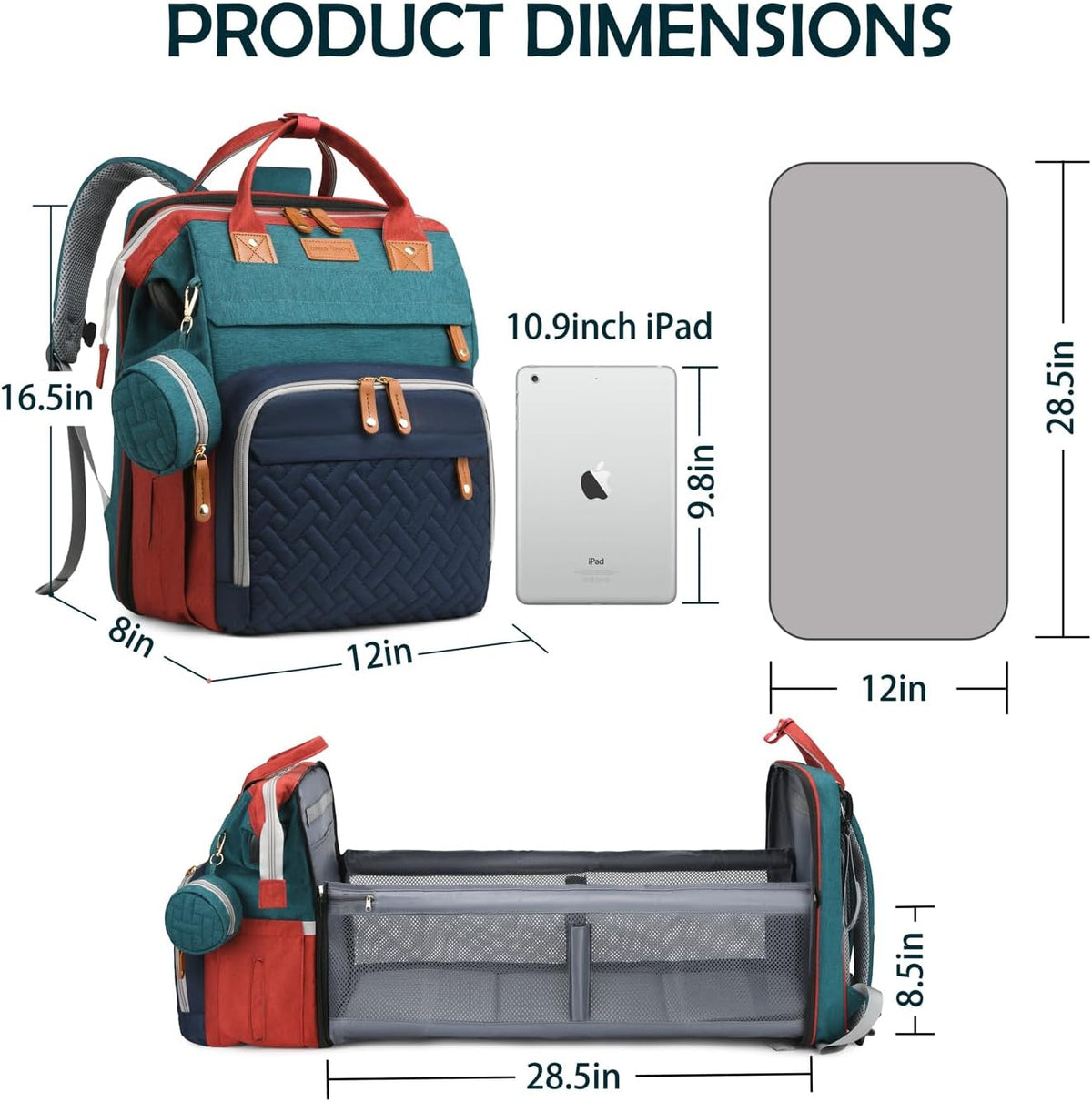 Diaper Bag Backpack with Changing Station, Waterproof for Travel, RGB