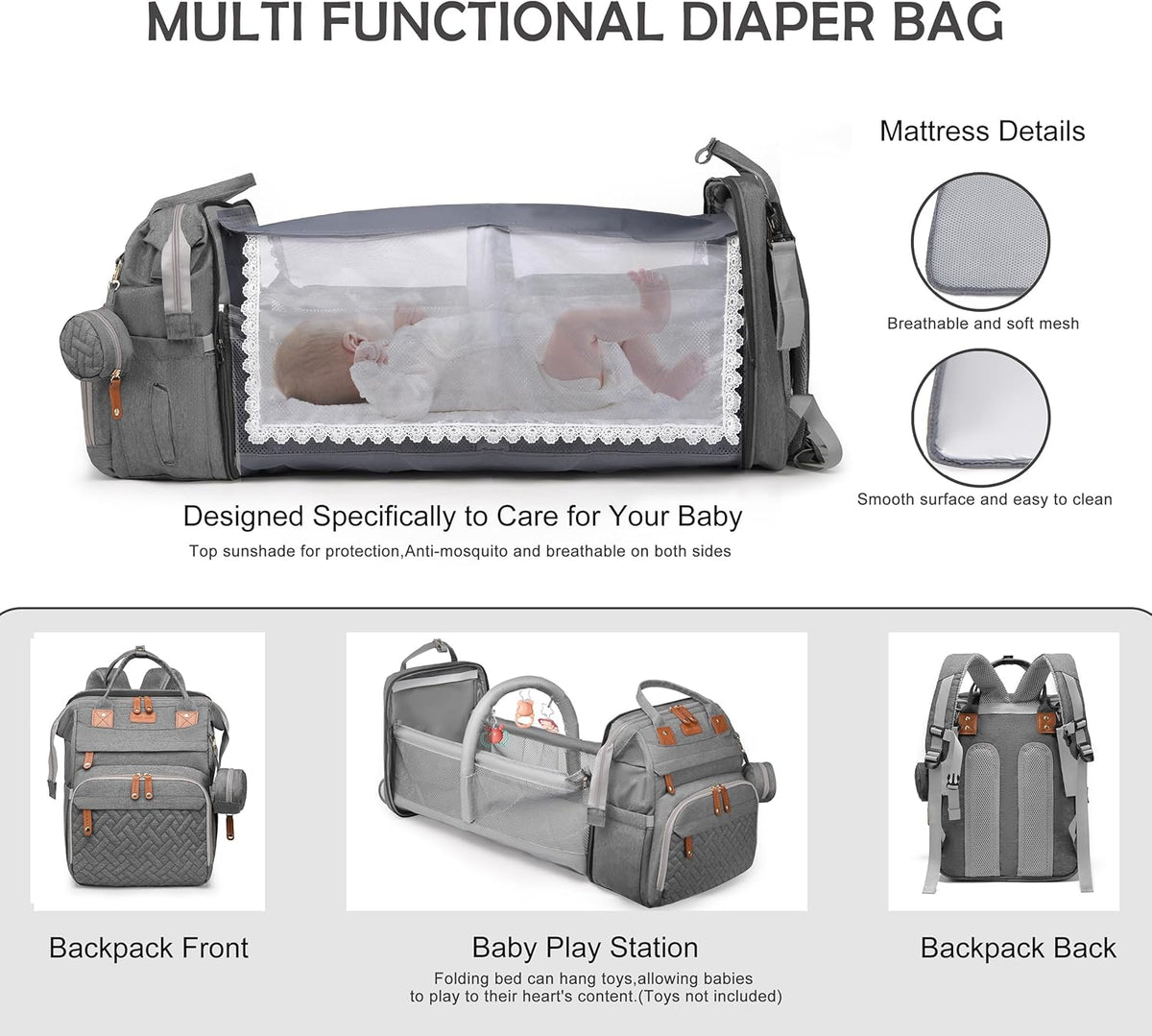 Diaper Bag Backpack with Changing Station, Waterproof for Travel, RGB