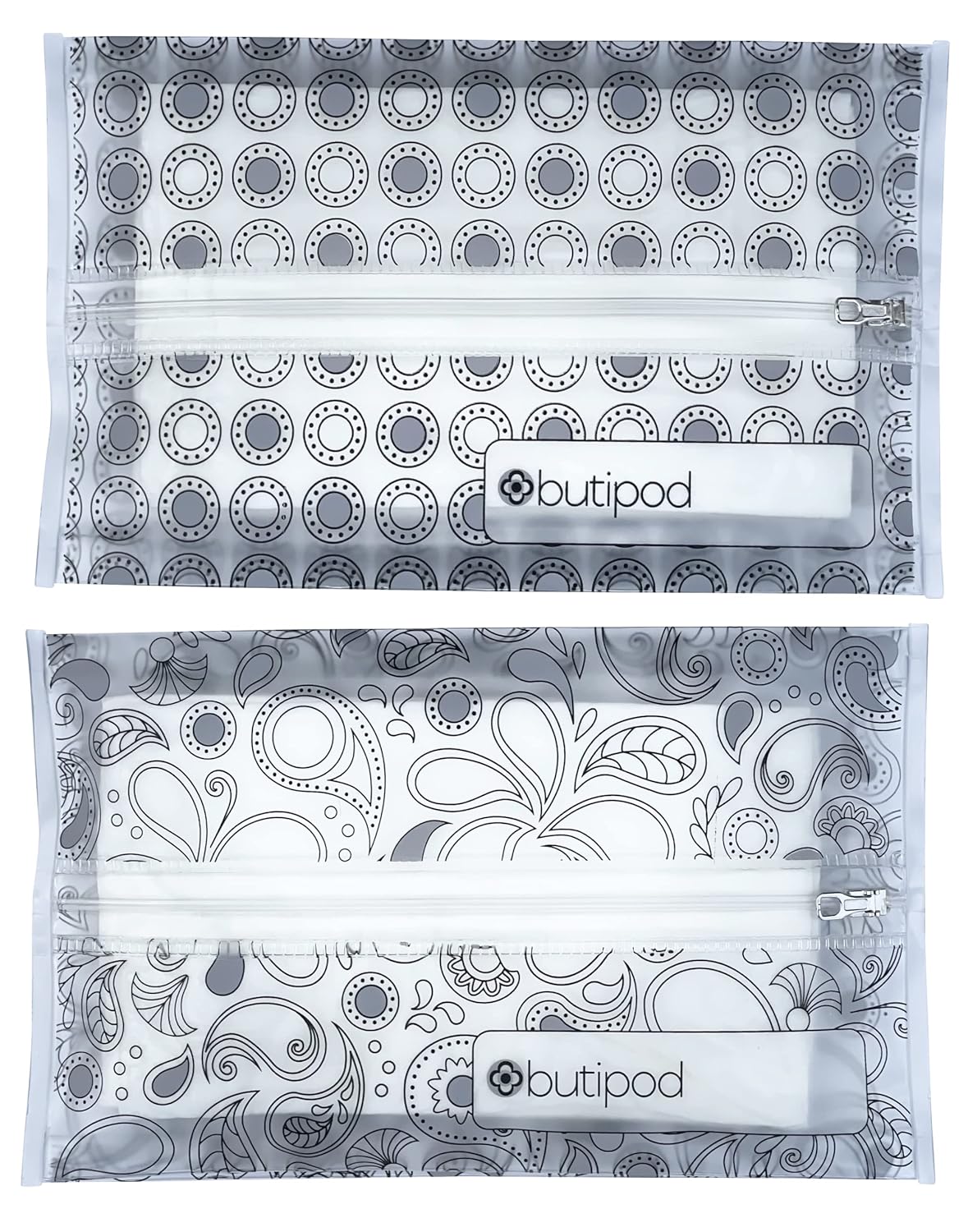 Butipods Reusable Travel Wipes Case, Black Ovals & Rings, Set of 2