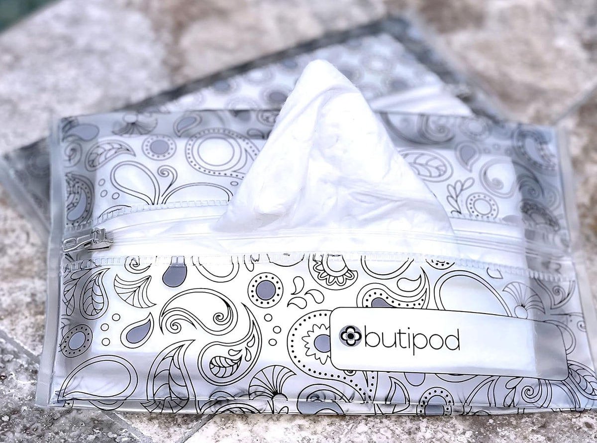 Butipods Reusable Travel Wipes Case, Black Ovals & Rings, Set of 2