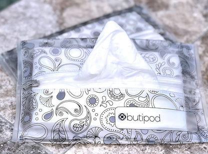 Butipods Reusable Travel Wipes Case, Black Ovals & Rings, Set of 2