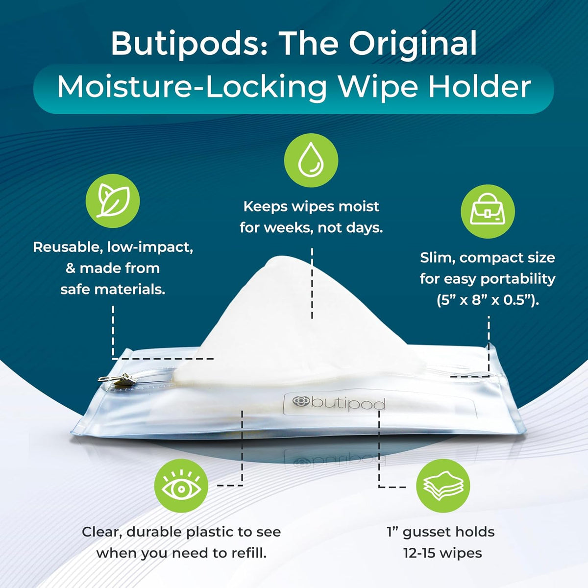 Butipods Reusable Travel Wipes Case, Black Ovals & Rings, Set of 2