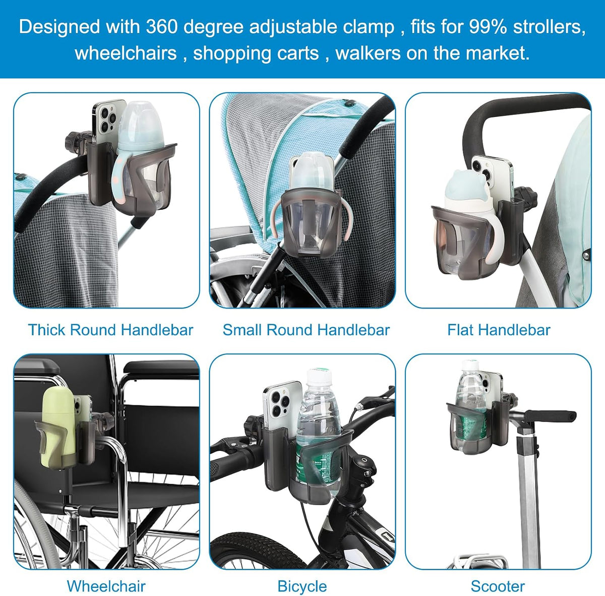 Walker Cup Holder with Phone Holder, Wheelchair Cup Holder, Cup Phone Holder for Walker, Wheelchair, Rollator, Mobility Scooter