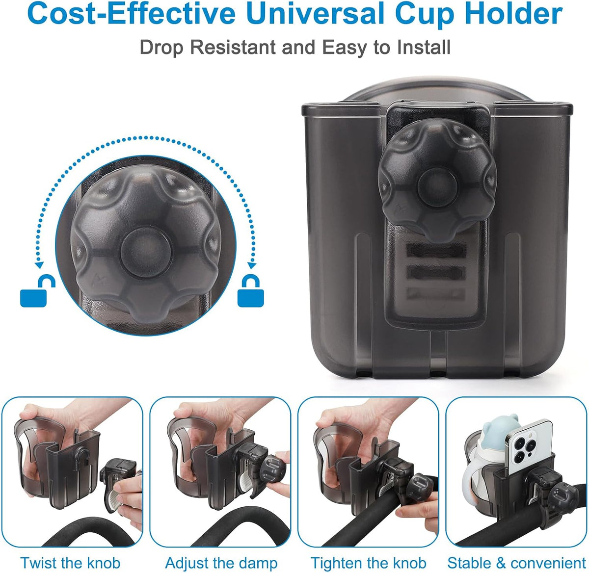 Walker Cup Holder with Phone Holder, Wheelchair Cup Holder, Cup Phone Holder for Walker, Wheelchair, Rollator, Mobility Scooter