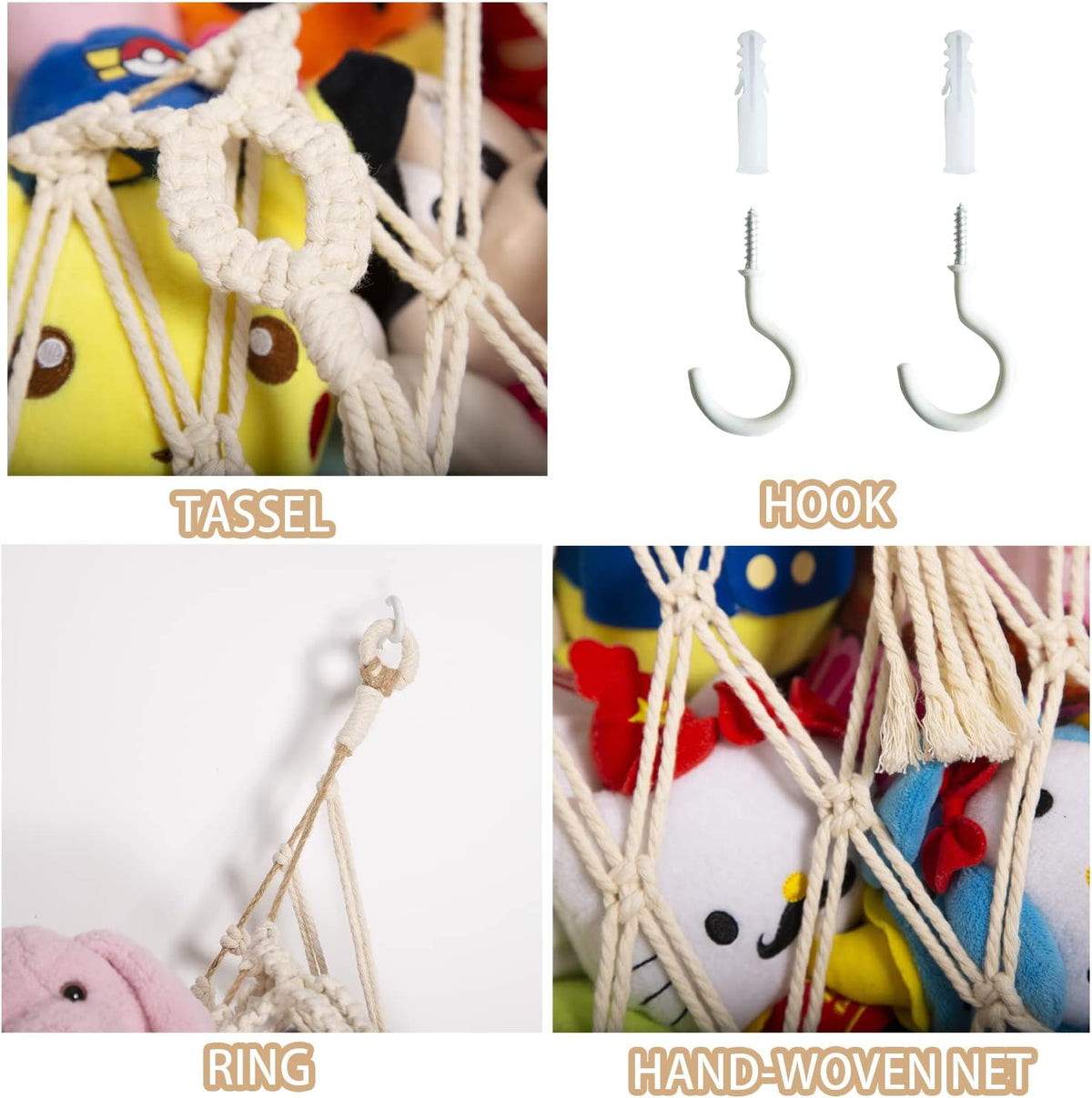 Stuffy Animal Net for Stuffed Animals Storage Hammock Macrame Stuffed Animal Toy Display Plush Toy Holder Wall Hanging Net for Stuffed Animal Display (Cream,49" W)