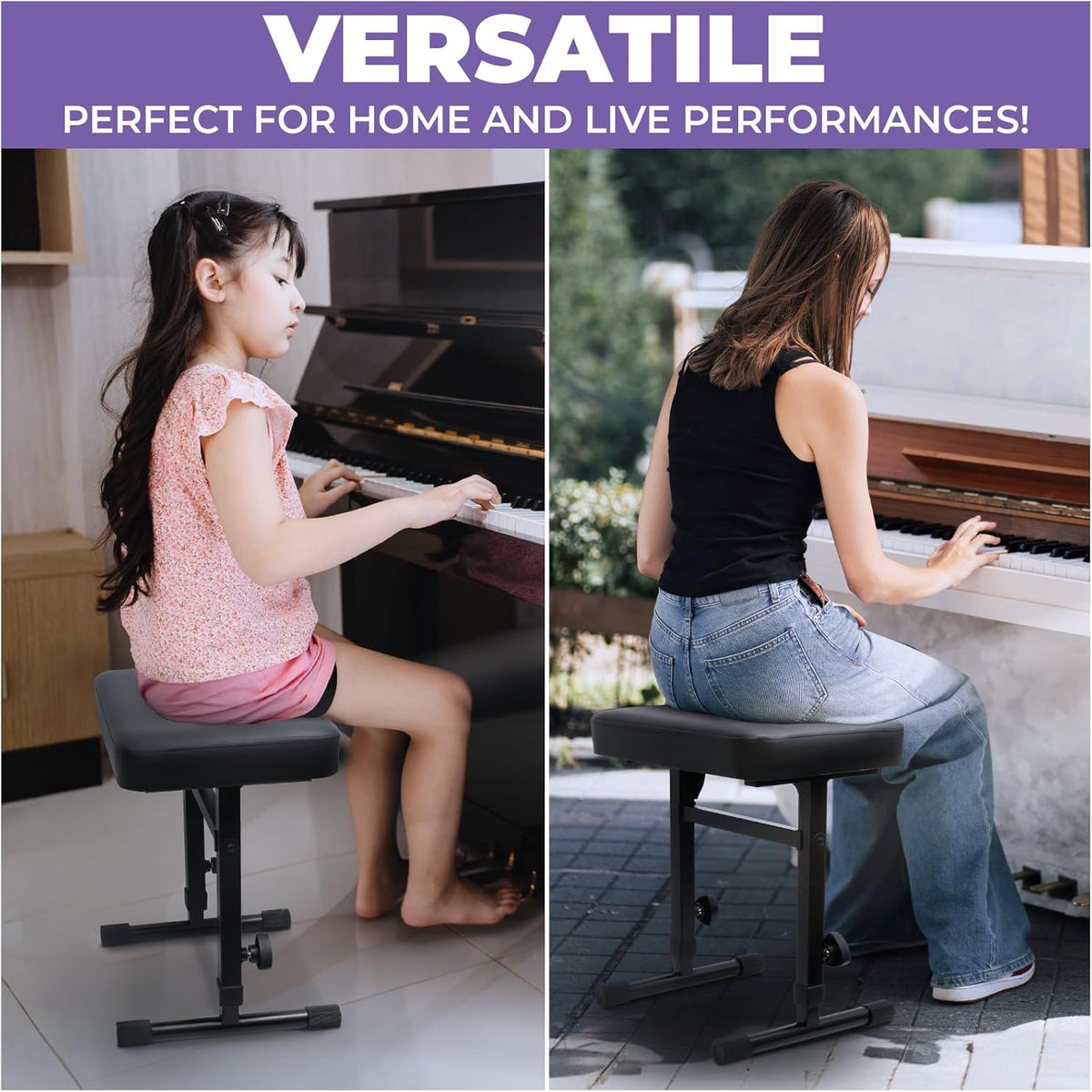Piano Bench Adjustable Stool – Music Keyboard Bench Seat for Piano Keyboard Stand with Black Padded Cushion for Musicians Piano Stool Chair (White Leather)