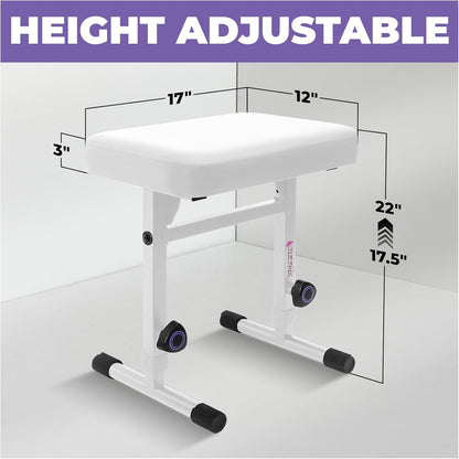 Piano Bench Adjustable Stool – Music Keyboard Bench Seat for Piano Keyboard Stand with Black Padded Cushion for Musicians Piano Stool Chair (White Leather)