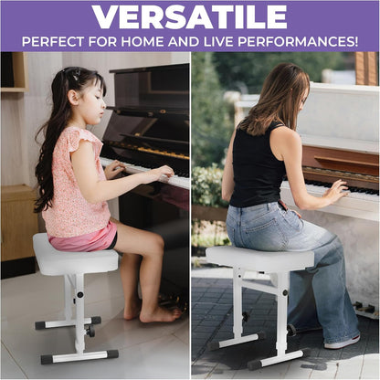 Piano Bench Adjustable Stool – Music Keyboard Bench Seat for Piano Keyboard Stand with Black Padded Cushion for Musicians Piano Stool Chair (White Leather)