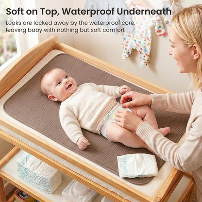 2 Pack Waterproof Muslin Cotton Portable Changing Pad 30"x 17", Soft & Foldable Changing Pad Liner with Terry Backing, Travel Baby Changing Mat for Newborn Girls Boys