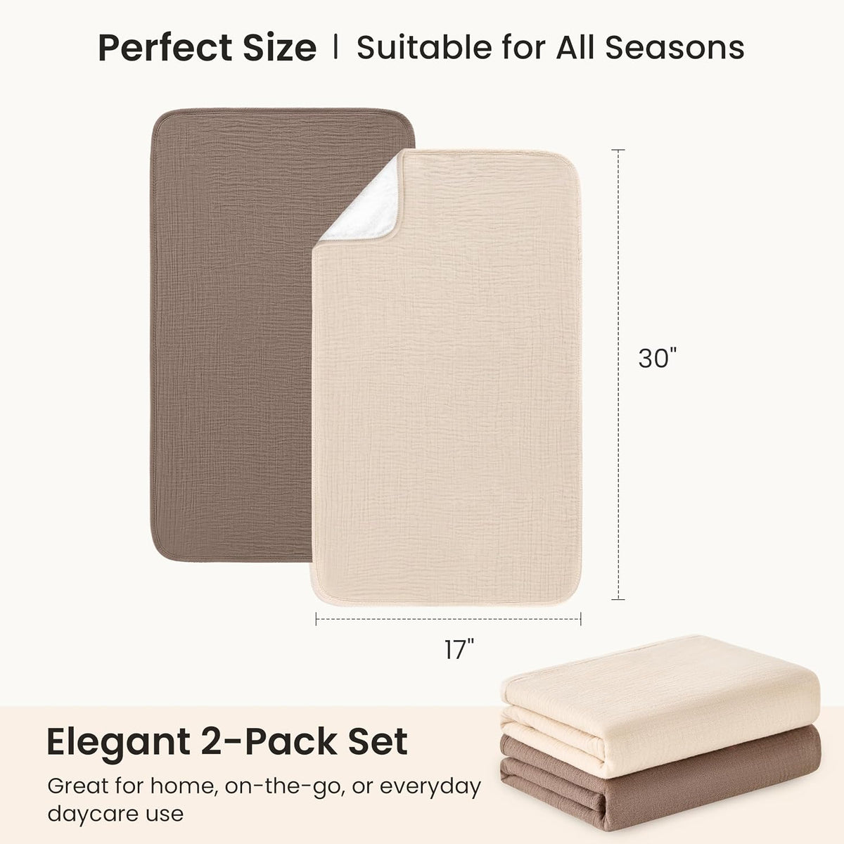 2 Pack Waterproof Muslin Cotton Portable Changing Pad 30"x 17", Soft & Foldable Changing Pad Liner with Terry Backing, Travel Baby Changing Mat for Newborn Girls Boys