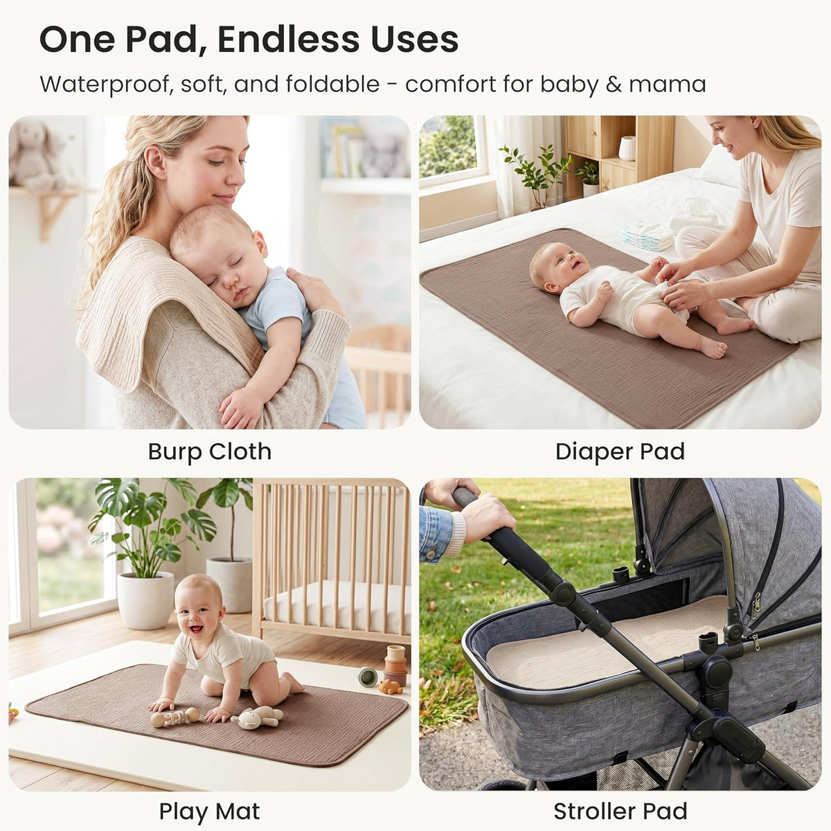 2 Pack Waterproof Muslin Cotton Portable Changing Pad 30"x 17", Soft & Foldable Changing Pad Liner with Terry Backing, Travel Baby Changing Mat for Newborn Girls Boys