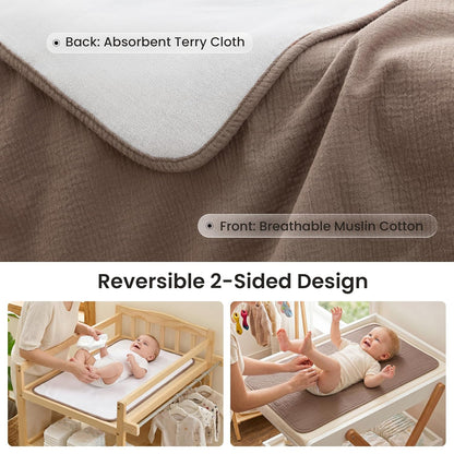 2 Pack Waterproof Muslin Cotton Portable Changing Pad 30"x 17", Soft & Foldable Changing Pad Liner with Terry Backing, Travel Baby Changing Mat for Newborn Girls Boys
