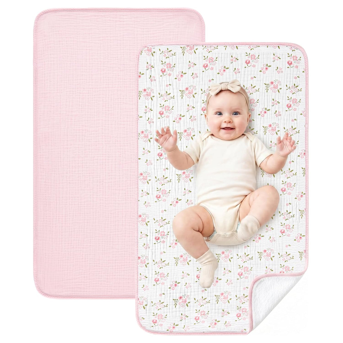 2 Pack Waterproof Muslin Cotton Portable Changing Pad 30"x 17", Soft & Foldable Changing Pad Liner with Terry Backing, Travel Baby Changing Mat for Newborn Girls Boys