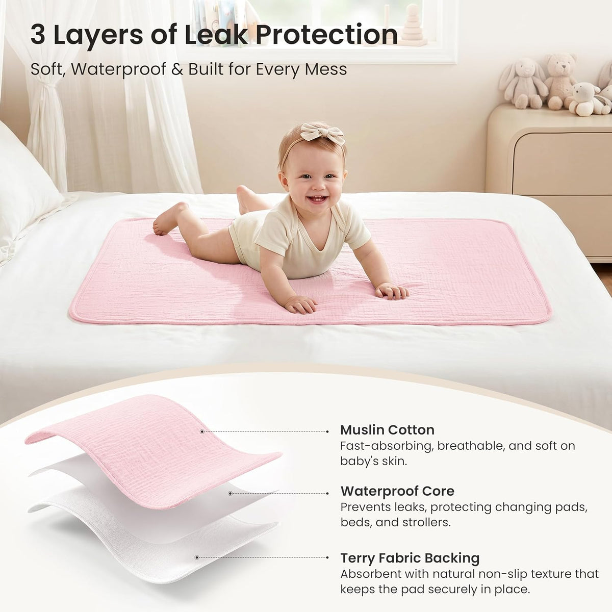 2 Pack Waterproof Muslin Cotton Portable Changing Pad 30"x 17", Soft & Foldable Changing Pad Liner with Terry Backing, Travel Baby Changing Mat for Newborn Girls Boys