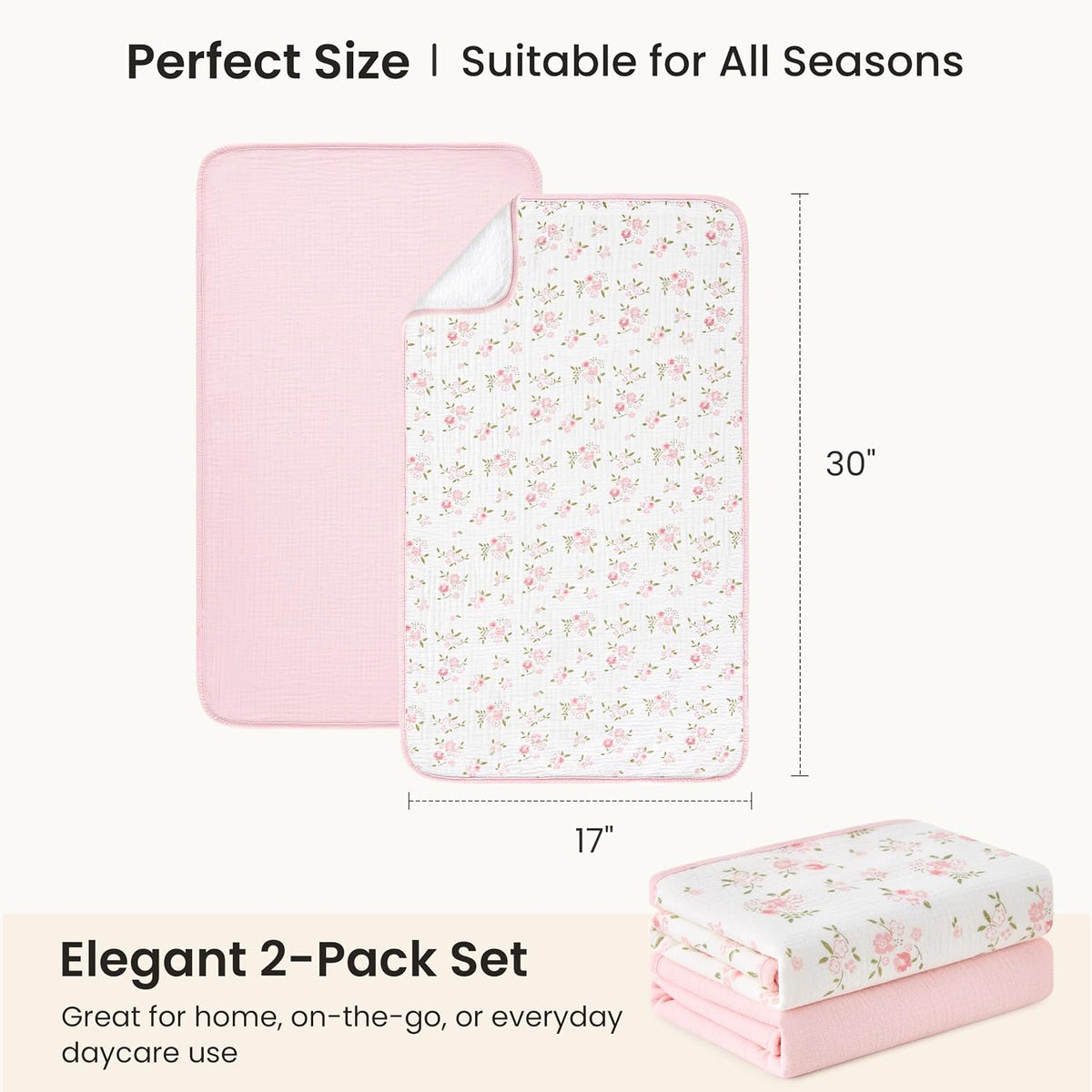 2 Pack Waterproof Muslin Cotton Portable Changing Pad 30"x 17", Soft & Foldable Changing Pad Liner with Terry Backing, Travel Baby Changing Mat for Newborn Girls Boys