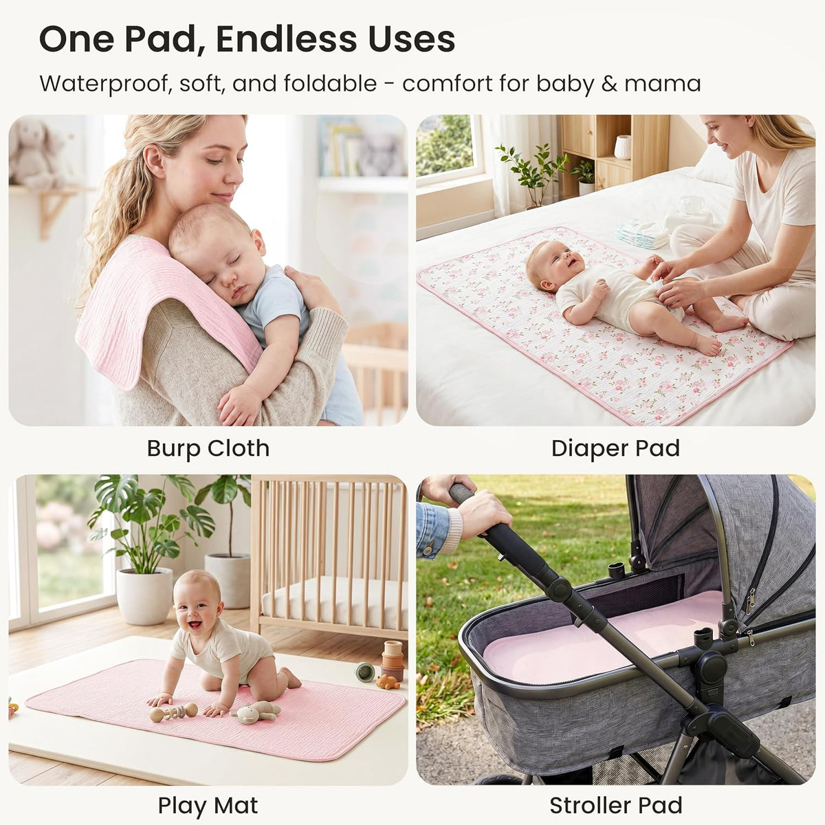 2 Pack Waterproof Muslin Cotton Portable Changing Pad 30"x 17", Soft & Foldable Changing Pad Liner with Terry Backing, Travel Baby Changing Mat for Newborn Girls Boys