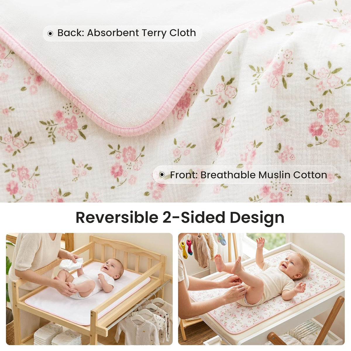 2 Pack Waterproof Muslin Cotton Portable Changing Pad 30"x 17", Soft & Foldable Changing Pad Liner with Terry Backing, Travel Baby Changing Mat for Newborn Girls Boys