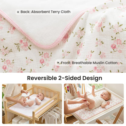 2 Pack Waterproof Muslin Cotton Portable Changing Pad 30"x 17", Soft & Foldable Changing Pad Liner with Terry Backing, Travel Baby Changing Mat for Newborn Girls Boys