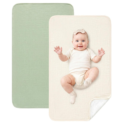 2 Pack Waterproof Muslin Cotton Portable Changing Pad 30"x 17", Soft & Foldable Changing Pad Liner with Terry Backing, Travel Baby Changing Mat for Newborn Girls Boys