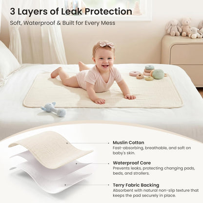2 Pack Waterproof Muslin Cotton Portable Changing Pad 30"x 17", Soft & Foldable Changing Pad Liner with Terry Backing, Travel Baby Changing Mat for Newborn Girls Boys