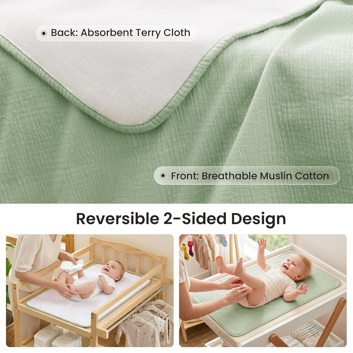 2 Pack Waterproof Muslin Cotton Portable Changing Pad 30"x 17", Soft & Foldable Changing Pad Liner with Terry Backing, Travel Baby Changing Mat for Newborn Girls Boys