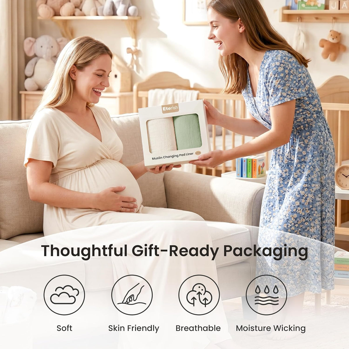 2 Pack Waterproof Muslin Cotton Portable Changing Pad 30"x 17", Soft & Foldable Changing Pad Liner with Terry Backing, Travel Baby Changing Mat for Newborn Girls Boys