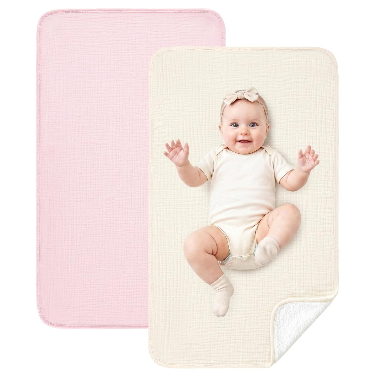 2 Pack Waterproof Muslin Cotton Portable Changing Pad 30"x 17", Soft & Foldable Changing Pad Liner with Terry Backing, Travel Baby Changing Mat for Newborn Girls Boys