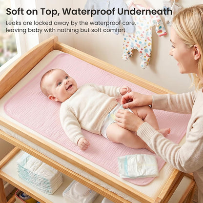 2 Pack Waterproof Muslin Cotton Portable Changing Pad 30"x 17", Soft & Foldable Changing Pad Liner with Terry Backing, Travel Baby Changing Mat for Newborn Girls Boys