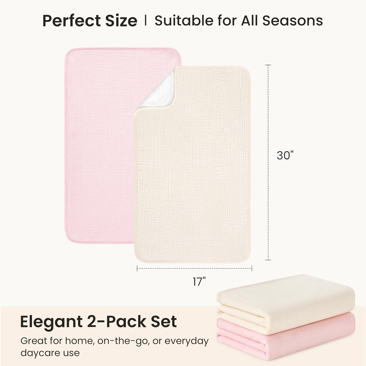 2 Pack Waterproof Muslin Cotton Portable Changing Pad 30"x 17", Soft & Foldable Changing Pad Liner with Terry Backing, Travel Baby Changing Mat for Newborn Girls Boys