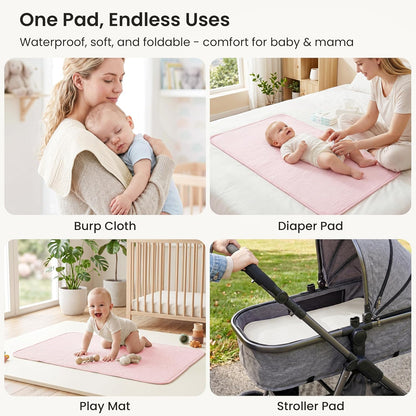 2 Pack Waterproof Muslin Cotton Portable Changing Pad 30"x 17", Soft & Foldable Changing Pad Liner with Terry Backing, Travel Baby Changing Mat for Newborn Girls Boys