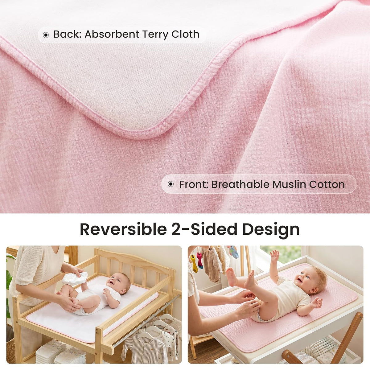 2 Pack Waterproof Muslin Cotton Portable Changing Pad 30"x 17", Soft & Foldable Changing Pad Liner with Terry Backing, Travel Baby Changing Mat for Newborn Girls Boys