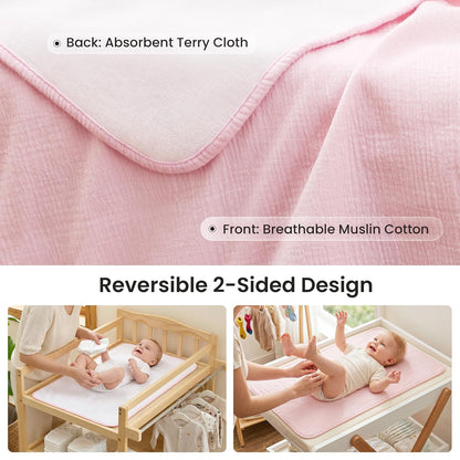 2 Pack Waterproof Muslin Cotton Portable Changing Pad 30"x 17", Soft & Foldable Changing Pad Liner with Terry Backing, Travel Baby Changing Mat for Newborn Girls Boys