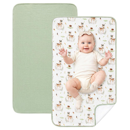 2 Pack Waterproof Muslin Cotton Portable Changing Pad 30"x 17", Soft & Foldable Changing Pad Liner with Terry Backing, Travel Baby Changing Mat for Newborn Girls Boys