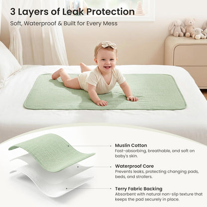 2 Pack Waterproof Muslin Cotton Portable Changing Pad 30"x 17", Soft & Foldable Changing Pad Liner with Terry Backing, Travel Baby Changing Mat for Newborn Girls Boys