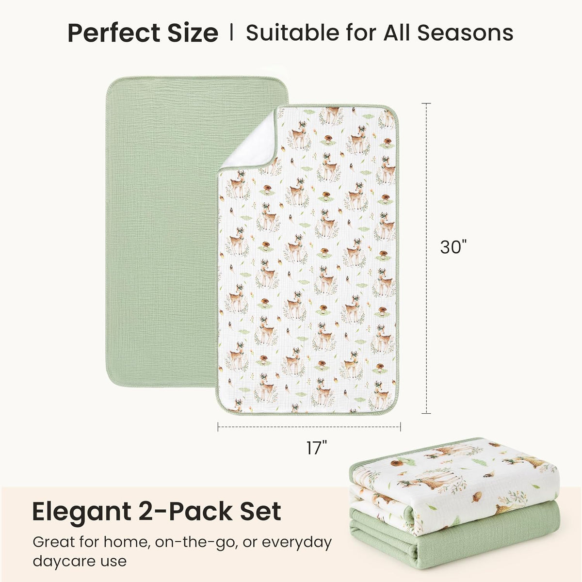 2 Pack Waterproof Muslin Cotton Portable Changing Pad 30"x 17", Soft & Foldable Changing Pad Liner with Terry Backing, Travel Baby Changing Mat for Newborn Girls Boys