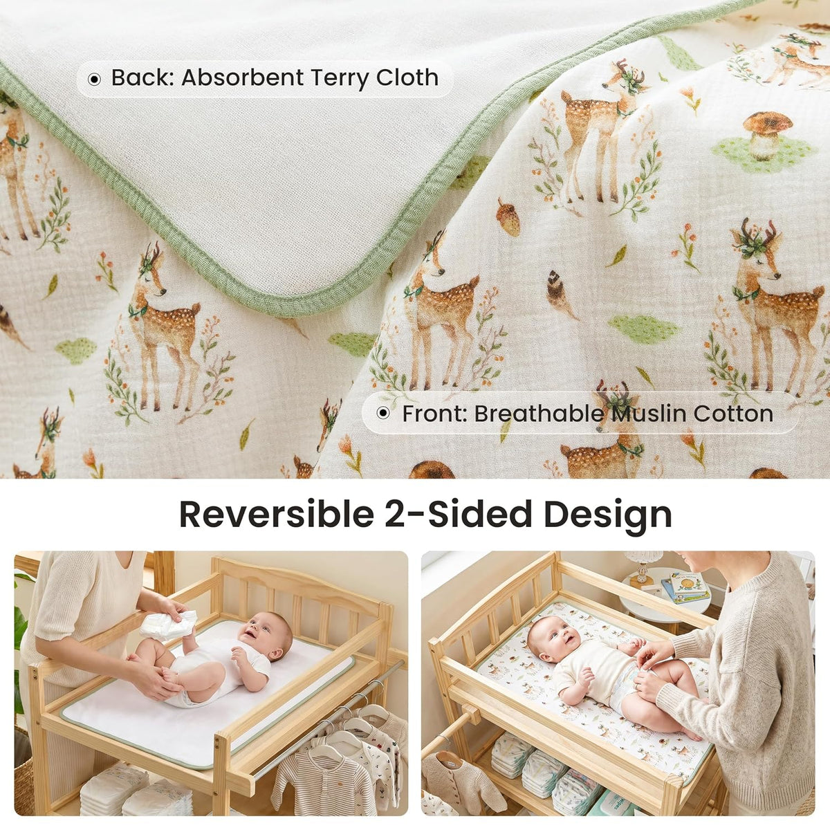 2 Pack Waterproof Muslin Cotton Portable Changing Pad 30"x 17", Soft & Foldable Changing Pad Liner with Terry Backing, Travel Baby Changing Mat for Newborn Girls Boys