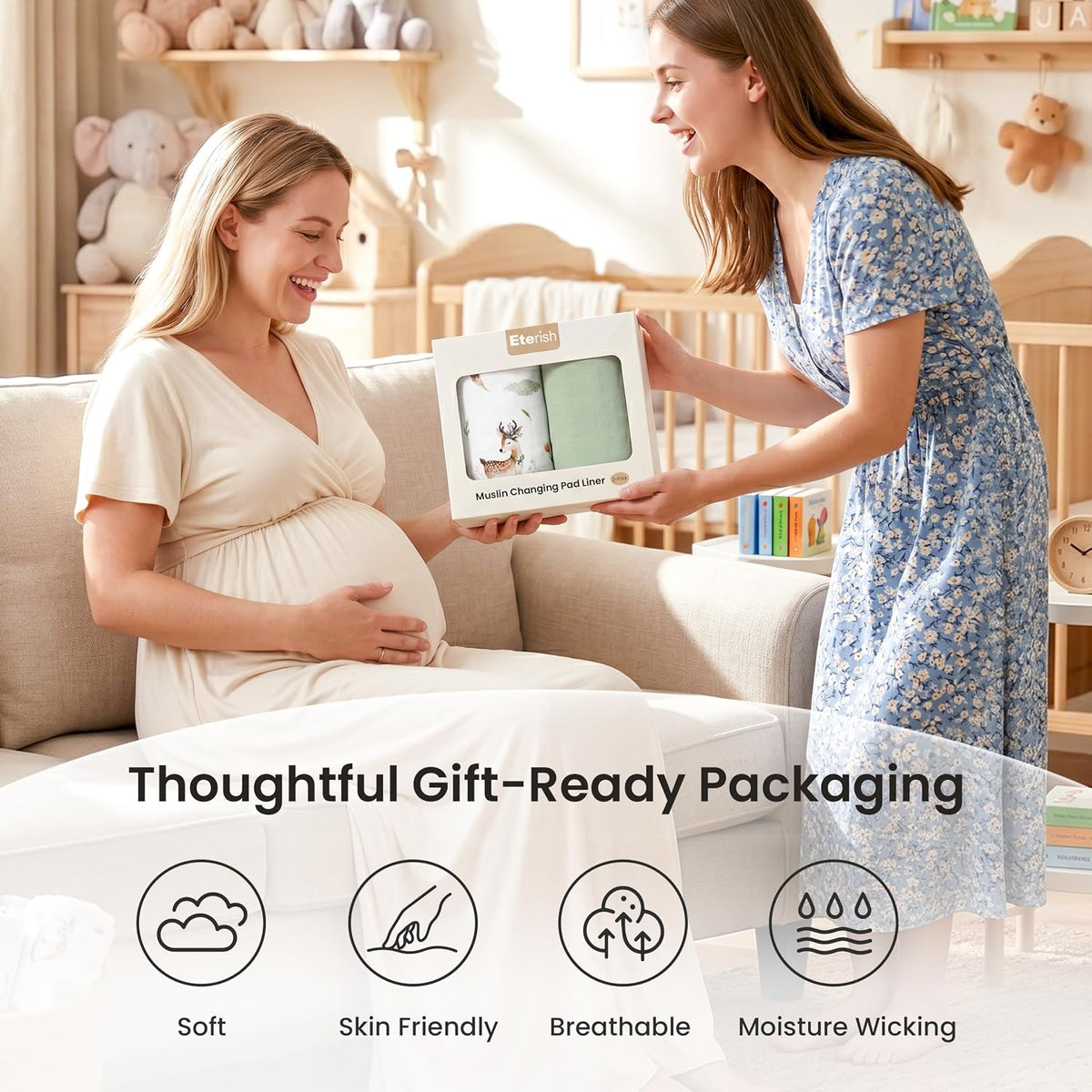 2 Pack Waterproof Muslin Cotton Portable Changing Pad 30"x 17", Soft & Foldable Changing Pad Liner with Terry Backing, Travel Baby Changing Mat for Newborn Girls Boys