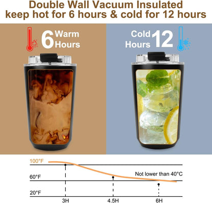 Travel Mug Spill Proof - 12 OZ Insulated Coffee Cup With Lid | Black Stainless Steel Coffee Mug with Double Wall, For Hot and Cold Drinks