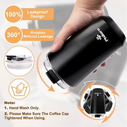 Travel Mug Spill Proof - 12 OZ Insulated Coffee Cup With Lid | Black Stainless Steel Coffee Mug with Double Wall, For Hot and Cold Drinks