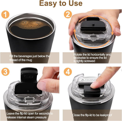 Travel Mug Spill Proof - 12 OZ Insulated Coffee Cup With Lid | Black Stainless Steel Coffee Mug with Double Wall, For Hot and Cold Drinks