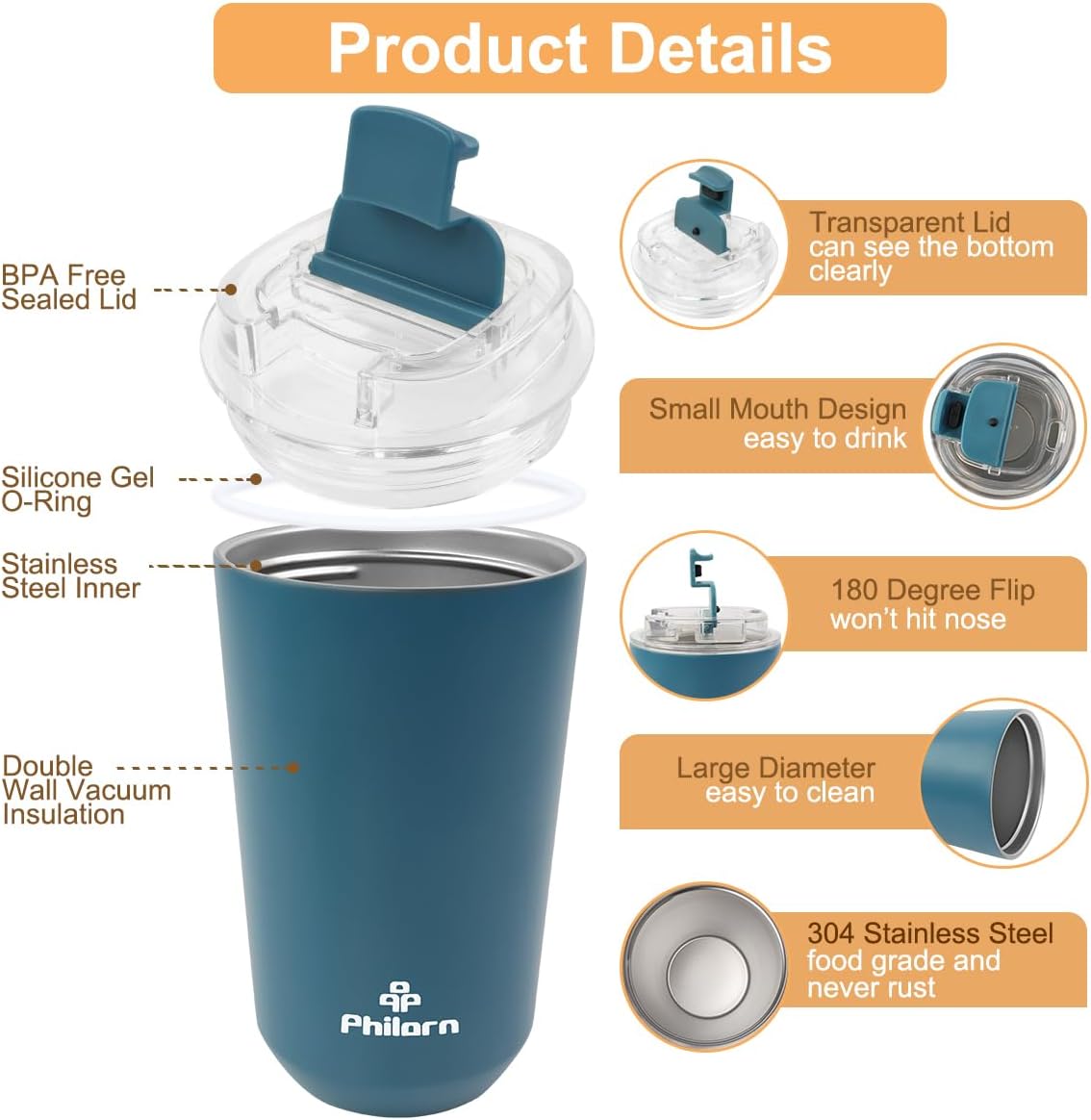 Travel Mug Spill Proof - 12 OZ Insulated Coffee Cup With Lid | Black Stainless Steel Coffee Mug with Double Wall, For Hot and Cold Drinks