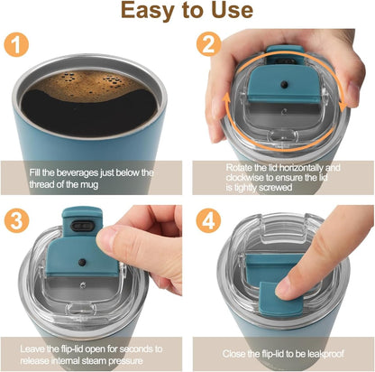 Travel Mug Spill Proof - 12 OZ Insulated Coffee Cup With Lid | Black Stainless Steel Coffee Mug with Double Wall, For Hot and Cold Drinks