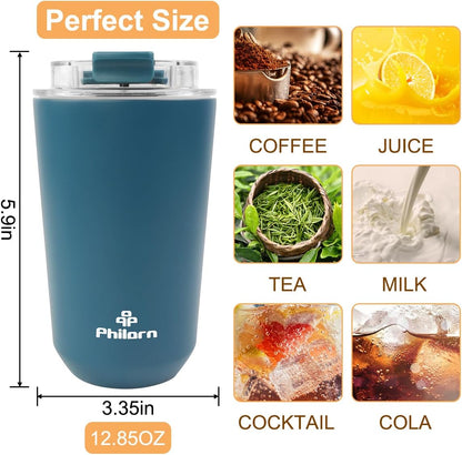 Travel Mug Spill Proof - 12 OZ Insulated Coffee Cup With Lid | Black Stainless Steel Coffee Mug with Double Wall, For Hot and Cold Drinks