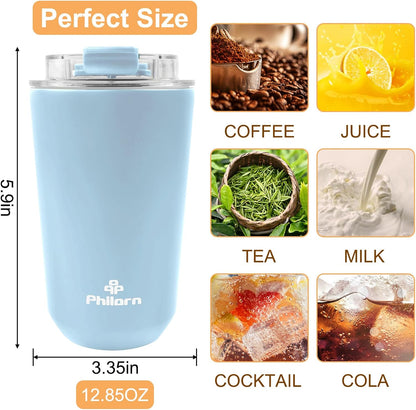 Travel Mug Spill Proof - 12 OZ Insulated Coffee Cup With Lid | Black Stainless Steel Coffee Mug with Double Wall, For Hot and Cold Drinks