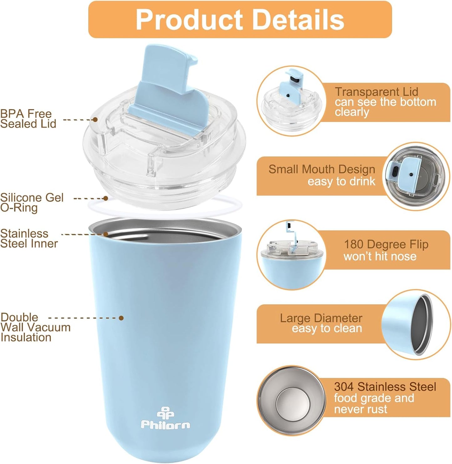 Travel Mug Spill Proof - 12 OZ Insulated Coffee Cup With Lid | Black Stainless Steel Coffee Mug with Double Wall, For Hot and Cold Drinks