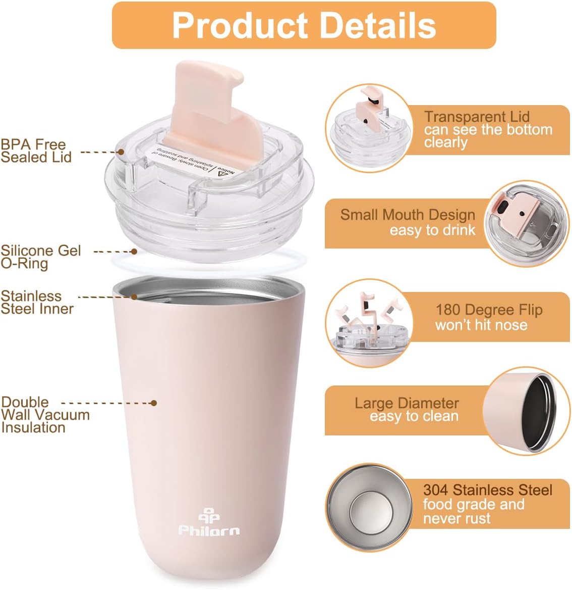 Travel Mug Spill Proof - 12 OZ Insulated Coffee Cup With Lid | Black Stainless Steel Coffee Mug with Double Wall, For Hot and Cold Drinks