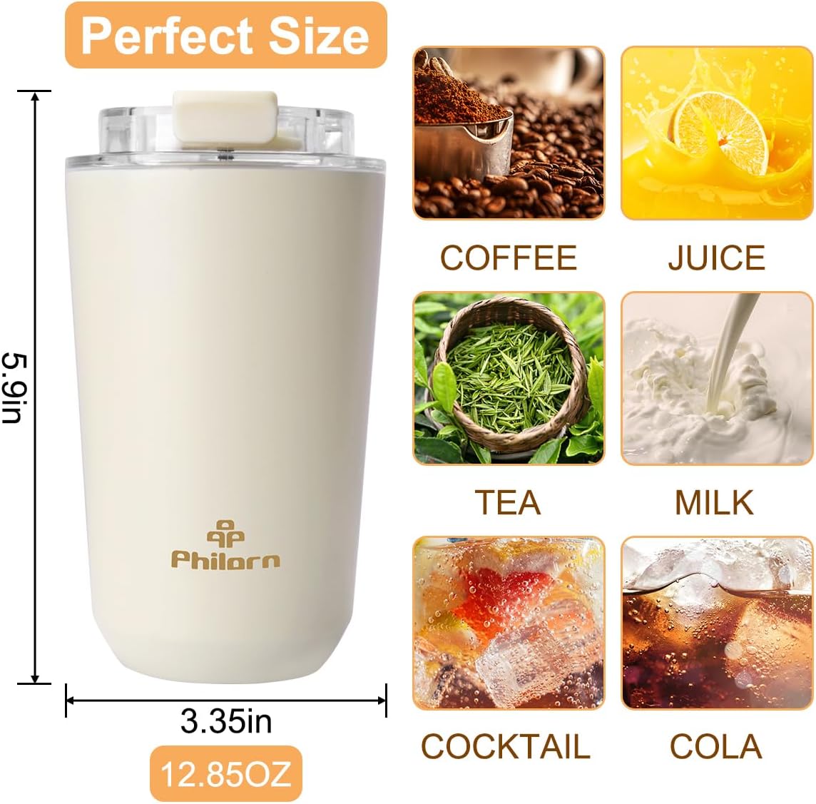 Travel Mug Spill Proof - 12 OZ Insulated Coffee Cup With Lid | Black Stainless Steel Coffee Mug with Double Wall, For Hot and Cold Drinks