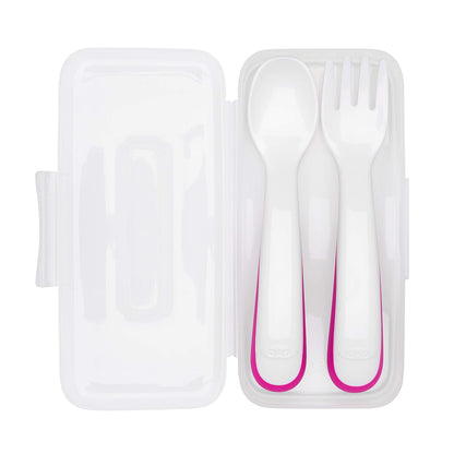 Tot Plastic Fork & Spoon Set With Travel Case- Pink