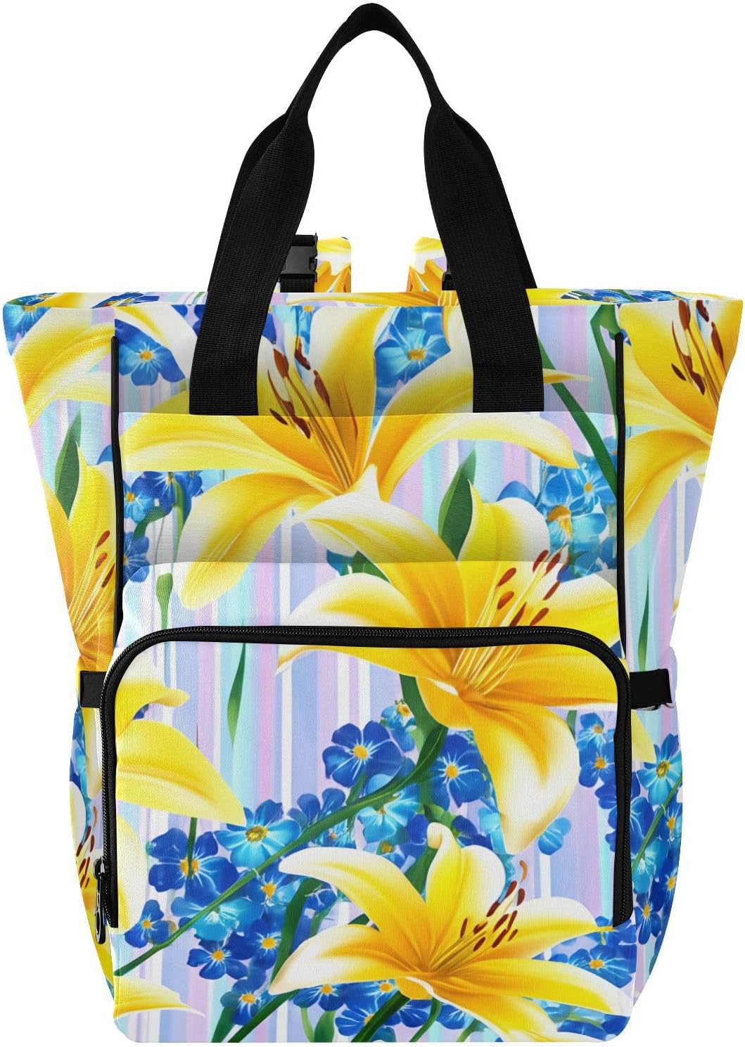 Diaper Bag Backpack, Multifunction Travel Bag for Moms Dads, Baby Changing Bag with Insulted Pockets, Stroller Straps and Side Bottle Pockets Sunlit Lily Stripe Pattern