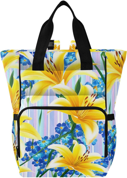 Diaper Bag Backpack, Multifunction Travel Bag for Moms Dads, Baby Changing Bag with Insulted Pockets, Stroller Straps and Side Bottle Pockets Sunlit Lily Stripe Pattern